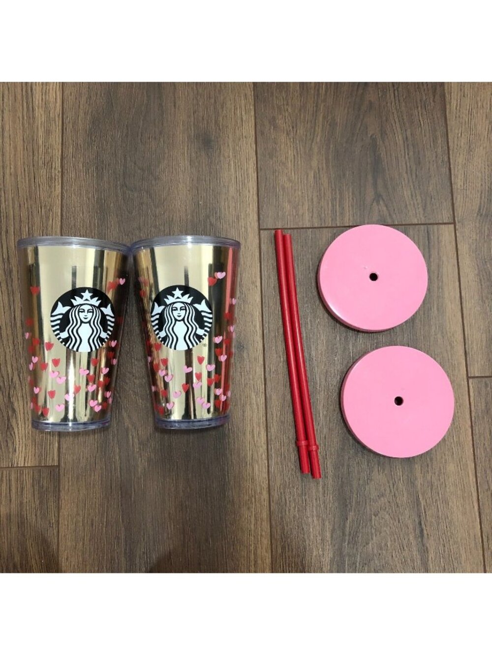 Starbucks Valentines Day Hearts Pink Lid Red Straw 16 oz Tumbler Lot of 2